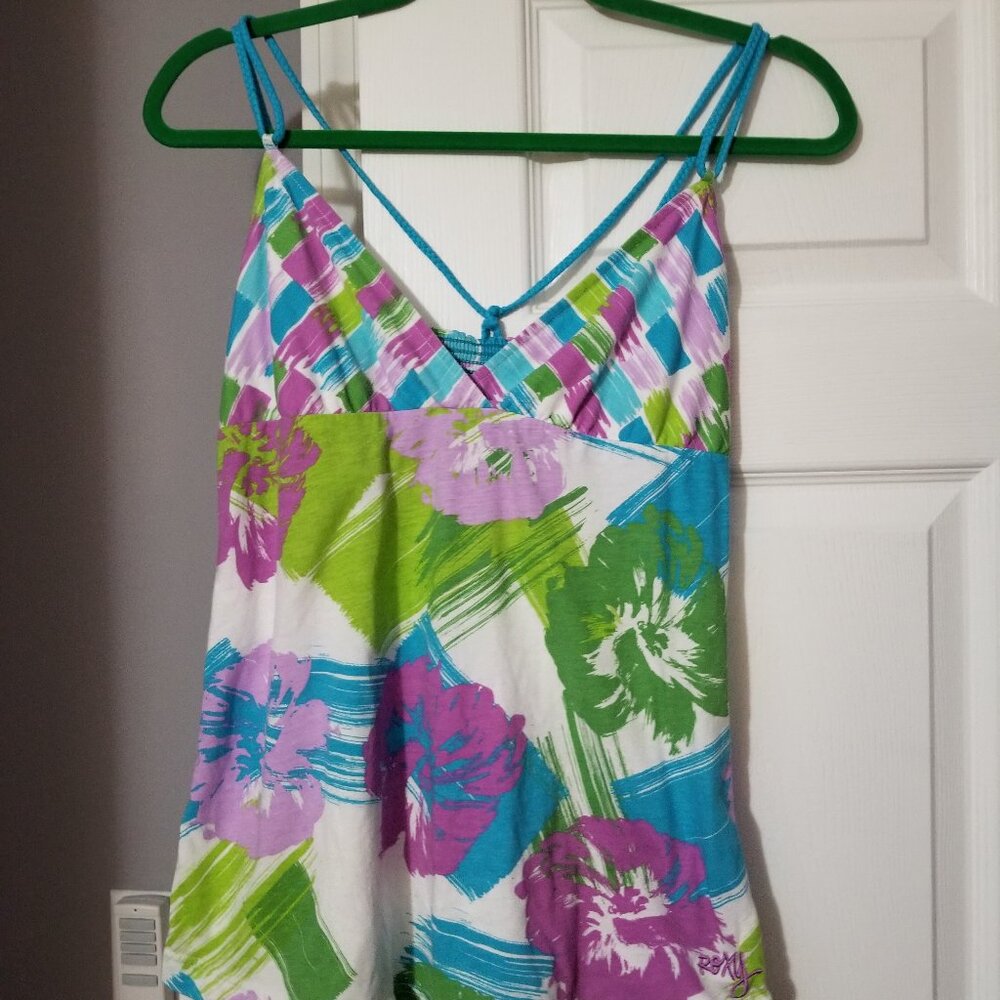 Roxy Green and Purple Hibiscus Flower Braided Strap Tank